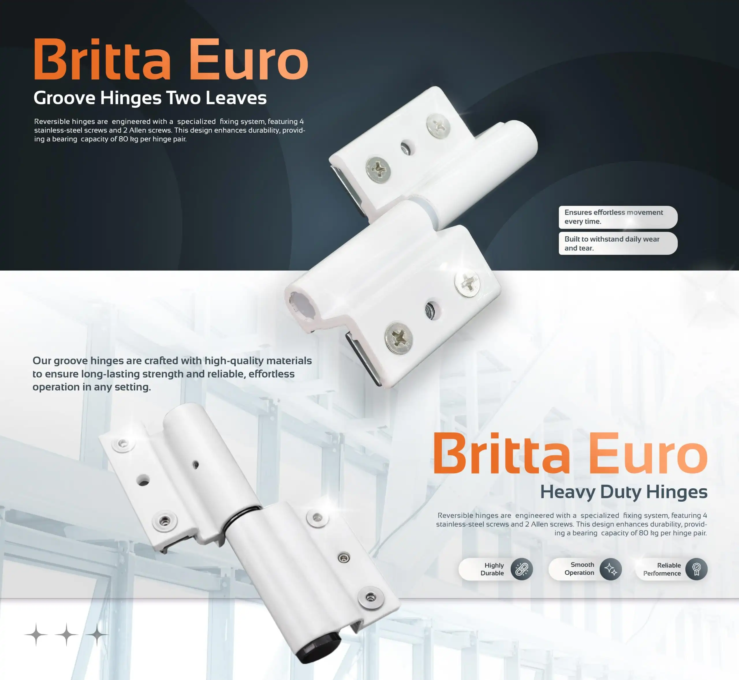 Britta Euro groove hinges with two leaves for doors, featuring heavy-duty stainless steel build and smooth, durable operation