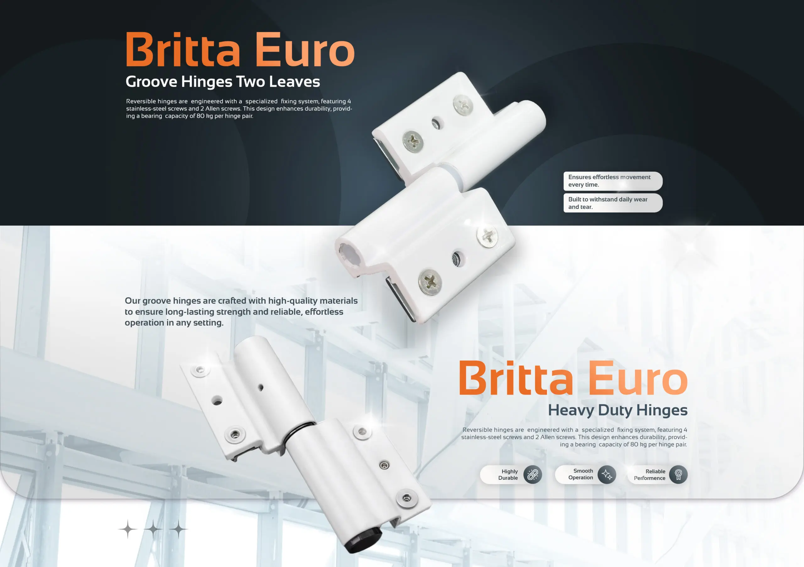 Britta Euro groove hinges with two leaves for doors, featuring heavy-duty stainless steel build and smooth, durable operation