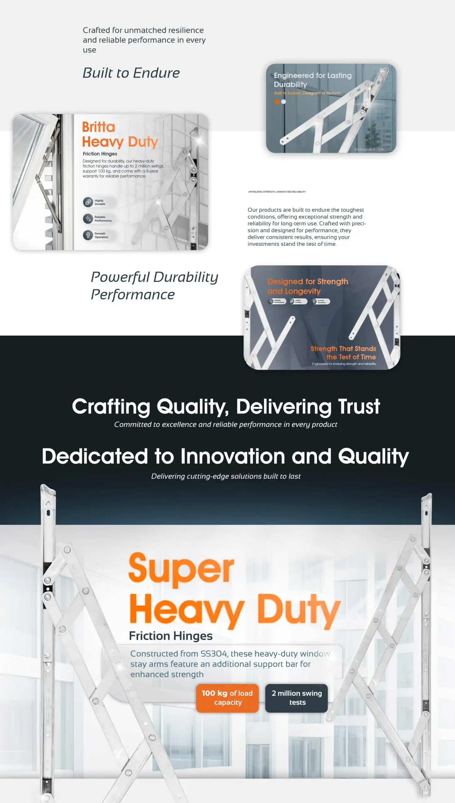 Britta super heavy duty friction hinges with SS304 construction, built for high-load capacity and tested for 2 million swings, ideal for long lasting window durability