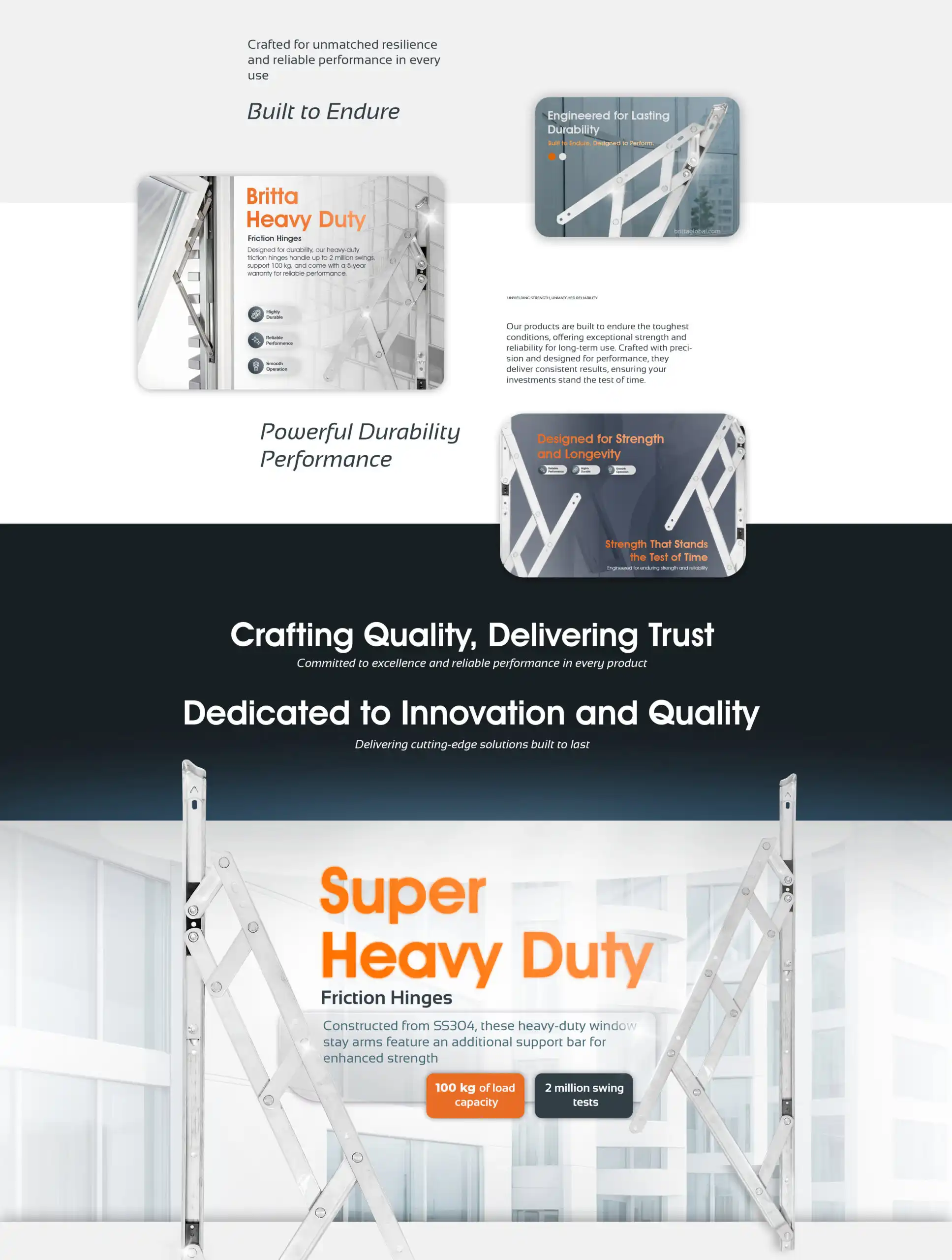 Britta super heavy duty friction hinges with SS304 construction, built for high load capacity and tested for 2 million swings, ideal for long-lasting window durability
